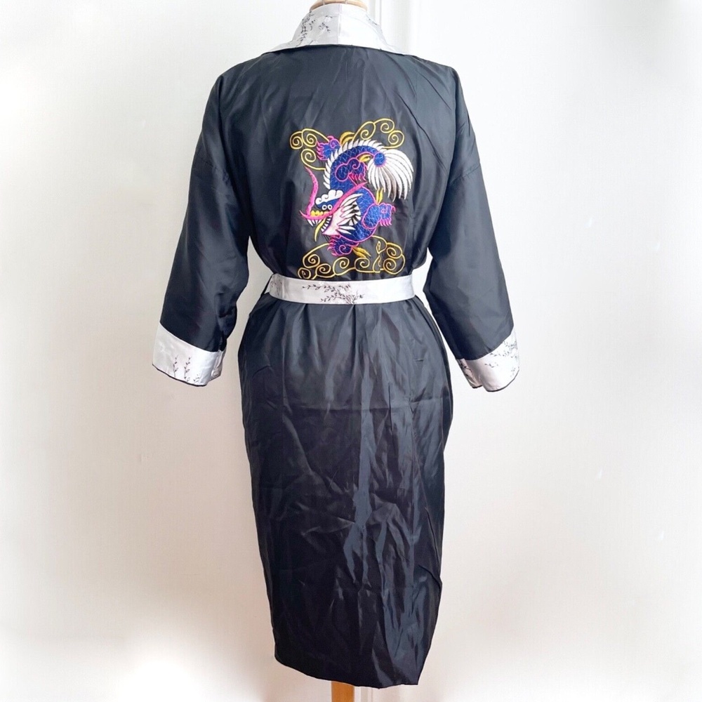 Unisex Men Kimono Reversible Embroidered Dragon Robe Asian Japanese Black Gray L